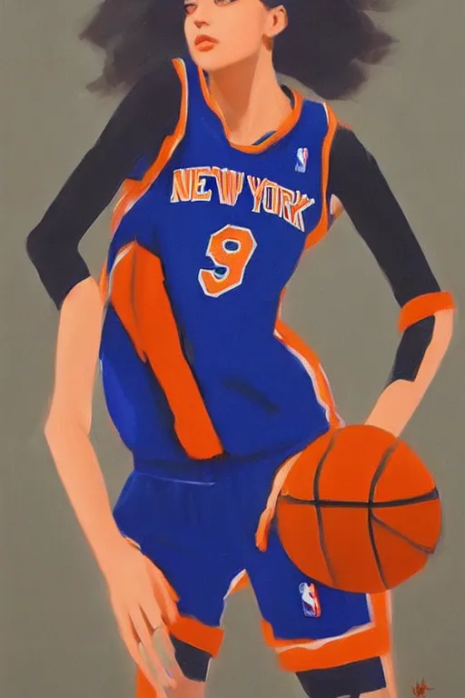 Image similar to A ultradetailed beautiful panting of a stylish woman, she is wearing a New York Knicks basketball jersey, Oil painting, by Ilya Kuvshinov, Greg Rutkowski and Makoto Shinkai