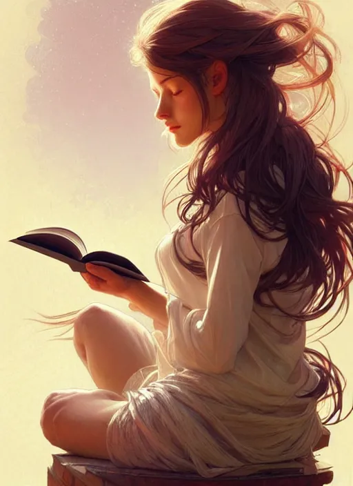 Image similar to a girl reading a book, her hair flowing down, intricate, highly detailed, dynamic lighting, digital art, digital painting, artstation, wlop, sharp focus, illustration, art by artgerm and greg rutkowski and alphonse mucha