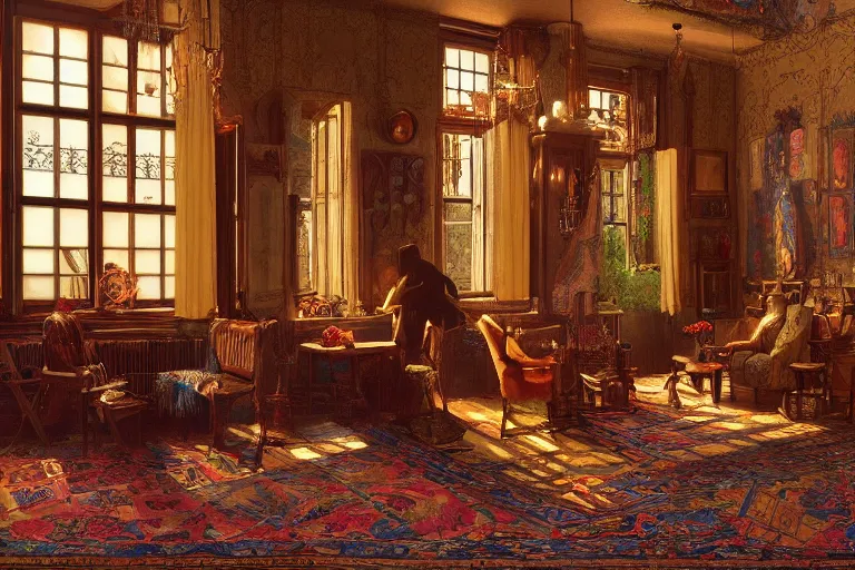 Prompt: a bohemian parlor with sunbeams streaming in from tall windows, by Donato Giancola and Vermeer,floral embroidery, carved wood, oriental carpets,rich deep color, dramatic cinematic lighting, featured on Artstation, cgsociety, unreal engine