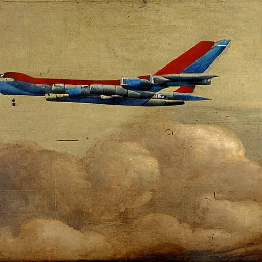 Prompt: boing 7 4 7 painted on oil by leonardo da vinci