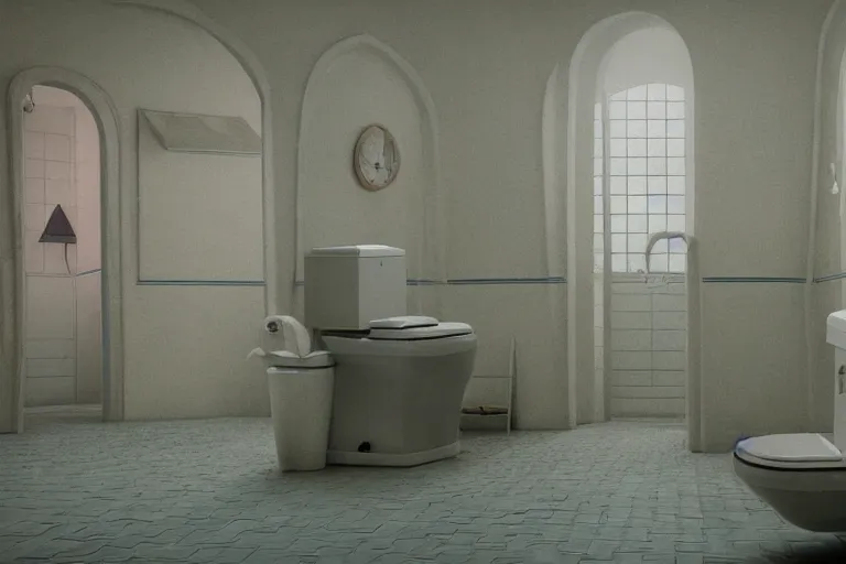 Prompt: hyperrealism aesthetic photography of detailed gigantic toilet in surreal scene from detailed art house movie in style of denis villeneuve and wes anderson