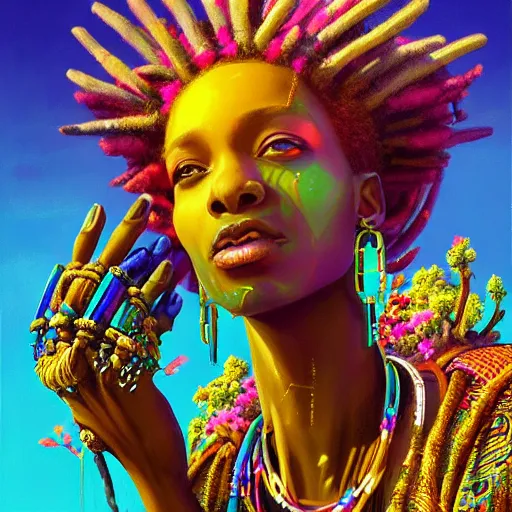 Prompt: a very regal african cyberpunk queen with colorful dreadlocks and lots of jewlery sitting on a cliff overlooking a field of colorful flowers with a giant glowing baobab tree in the middle, it is sunset, by greg rutkowski and android jones and Alena Aenami in a surreal cyberpunk! style, oil on canvas, highly detailed face, 8k hd,