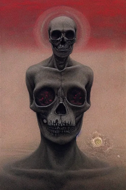 Image similar to portrait of sad man whose half face is black skull, red ash floating, dust particles, dark atmosphere, lovecraftian, event horizon, painting by beksinski