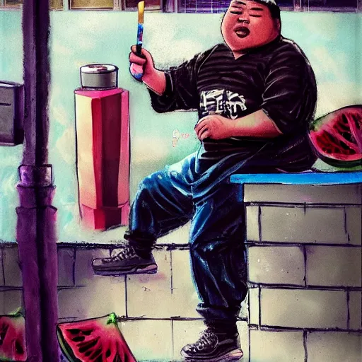 Image similar to near the street, a pockmarked Chinese fat guy,sitting behind a watermelon stall , with a cigarette in his mouth, looked at you contemptuously,digital art,trending on artstation.