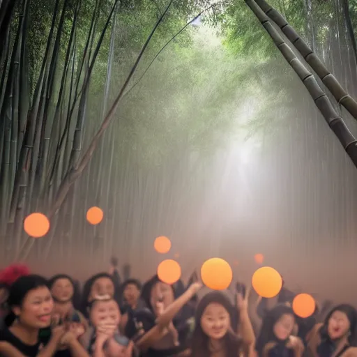 Prompt: A mother came out of the bamboo forest with her child in her arms, surrounded by a group of women, with a ball of light behind the mother and a bamboo forest full of fog as background.