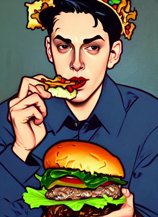 Image similar to oil painting, jughead jones wears a grey crown and devours a hamburger, intricate, elegant, highly detailed, lighting, painting, artstation, smooth, illustration, art by greg rutowski and alphonse mucha