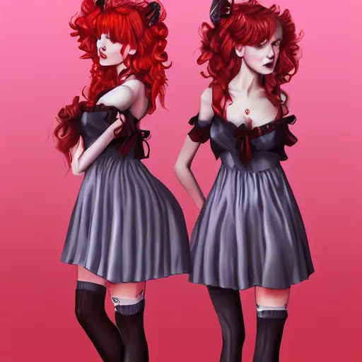 Prompt: twins wearing a lolita dress, full body shot, red hair, highly detailed, digital painting, artstation, concept art, smooth, sharp focus, illustration