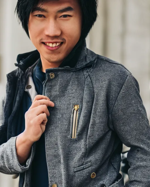 Image similar to hyper realistic photo of an asian male, gold, 8 k, 8 5 mm f 1. 8