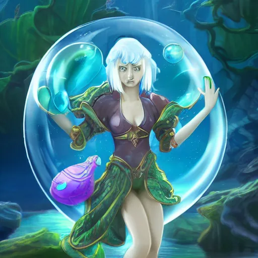 Image similar to female water mage, high quality character design, action pose, symmetrical face : : spotlight, magical, seapunk, seaweed, bubbles, high detail, 1 6 k, oled, shadows, reflections, digital art, official art