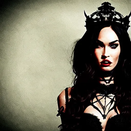 Image similar to megan fox witch queen, black eyes, blood, full body, intricate victorian dress, symmetrical eyes, rafael albuquerque, frank frazetta, moody lighting, candles