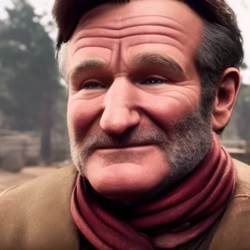 Prompt: Film still of Robin Williams, from Red Dead Redemption 2 (2018 video game)