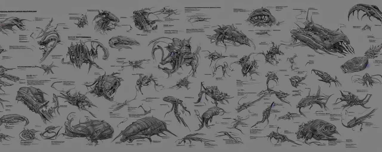 Image similar to schematic diagram of alien boss, biology, book, page, detailed, cross section, trending on artstation, cgsociety, Ralph McQuarrie and Greg Rutkowski