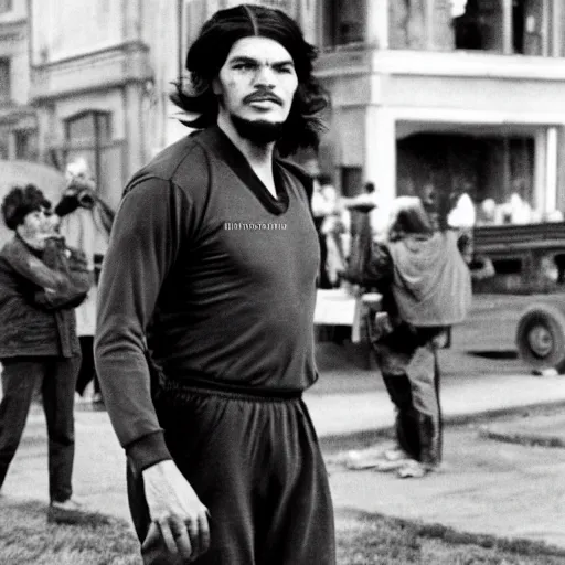 Prompt: Che Guevara in a tracksuit standing, paparazzi candid photo
