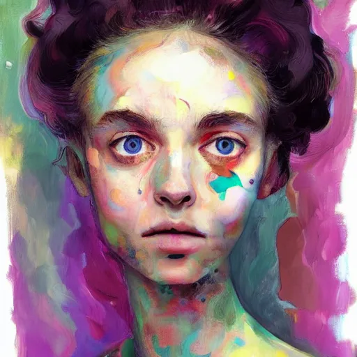 Prompt: portrait of a beautiful stunning 2 1 year old woman cute face big eyes long neck in the style of disco elysium, expressionism, artstation, trending, by aleksander rostov, jenny saville, rembrandt, alex kanevsky, wassily kandinsky, dave mckean, yoshitaka amano