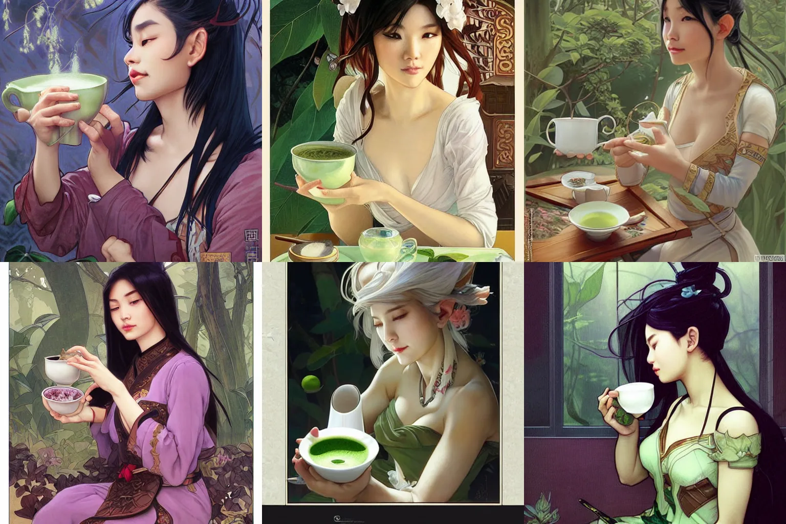 Prompt: An female asian elf drinking matcha tea latte by Artgerm and greg rutkowski and alphonse mucha