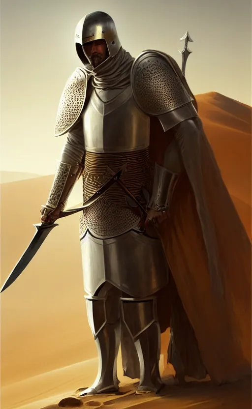 Image similar to white man looking forward in decorated plate armor, cylindrical crusader great helm covering all his head and white silk cape covering his elbows holding golden cross shaped heavy sword in the desert drawn by greg rutkowski realistic high detail