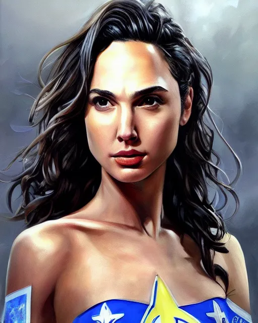 Image similar to hyper realistic painting of gal gadot in a police uniform, hyper detailed, anime, by clay mann, trending on artstation