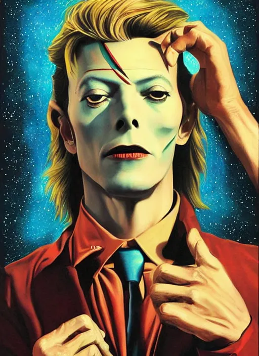 Image similar to twin peaks poster art, david bowie floating through the cosmo outer space, old retro pulp, by michael whelan, rossetti bouguereau, artgerm, nostalgic, old fashioned