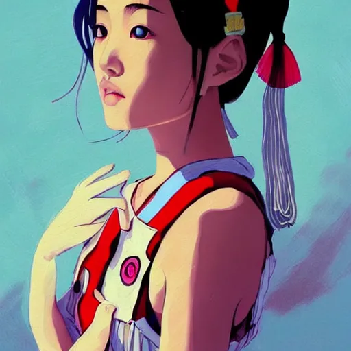 Image similar to a beautiful young japanese natalie portman alluring gravure model, stylized concept art, wearing elegant designer overalls, elegant overalls with mesoamerican patterns, mesoamerican native street fashion, princess mononoke, painted by jamie hewlett and ashley wood and mike mignola, aesthetic, gorgeous, stunning, alluring, attractive, artstation, pinterest, digital art