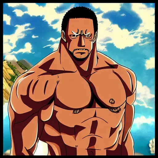 Image similar to dwayne johnson in the style of one piece anime