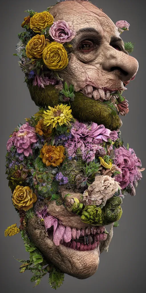 Prompt: grotesque flower , ultradetailed, ultrarealistic, octane render by Giuseppe Arcimboldo