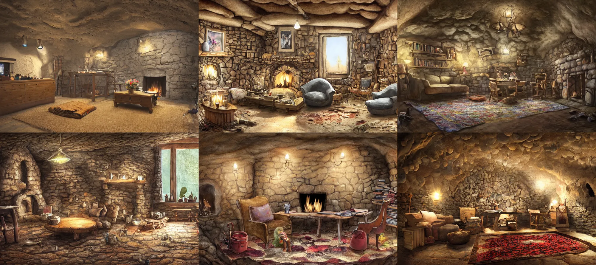 Prompt: short fat moles live underground in a cave, in style of craig mullens, kitchen table, sink, chairs, cosy fireplace, smooth mud wall, books on side table, colourful rug on floor by fireplace, photos of family on wall, illuminated lamps on wall, detailed watercolour, texture, highly detailed, dynamic scene, movie scene, low angle, hd, 4k