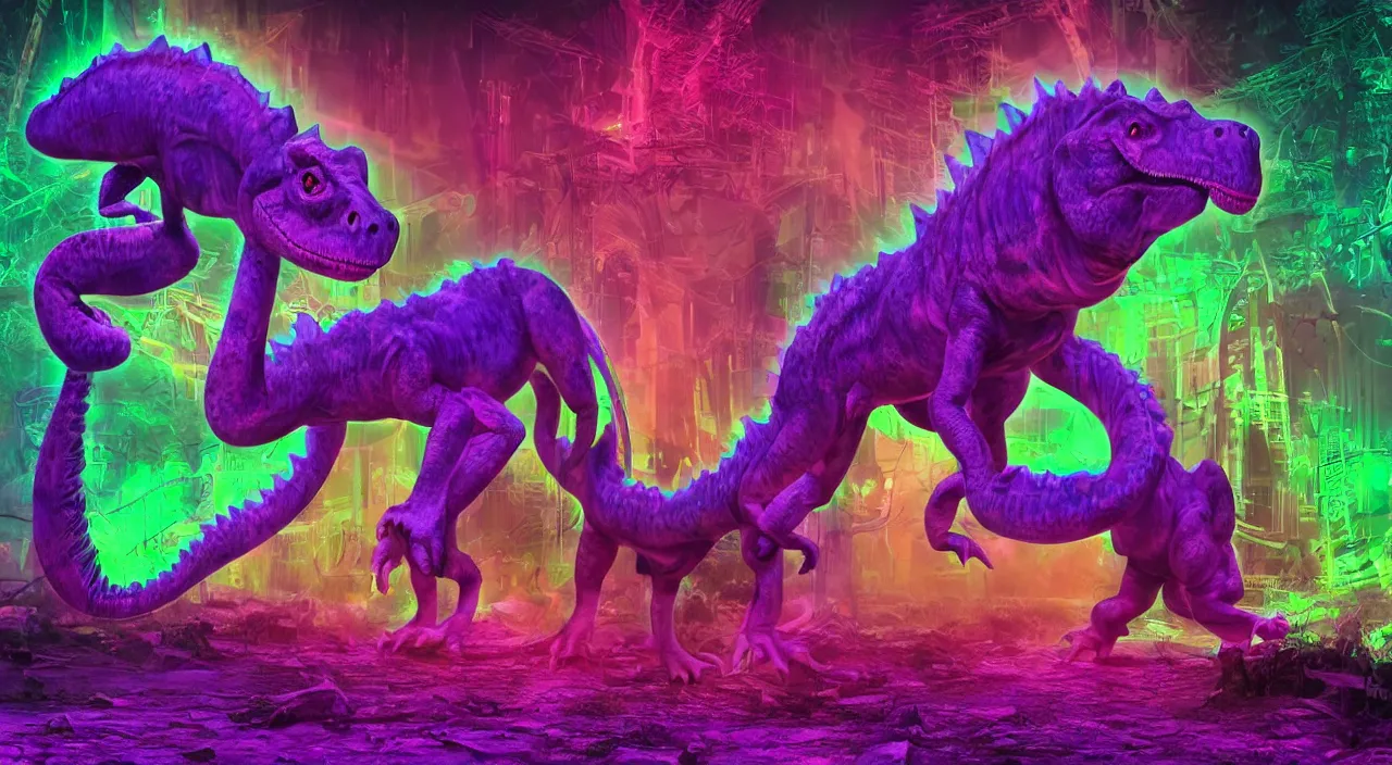 Image similar to spectral purple neon dinosaur, spectral neon pink dinosaur, spectral yellow neon dinosaur, green jungle background, detailed, ultrawide landscape