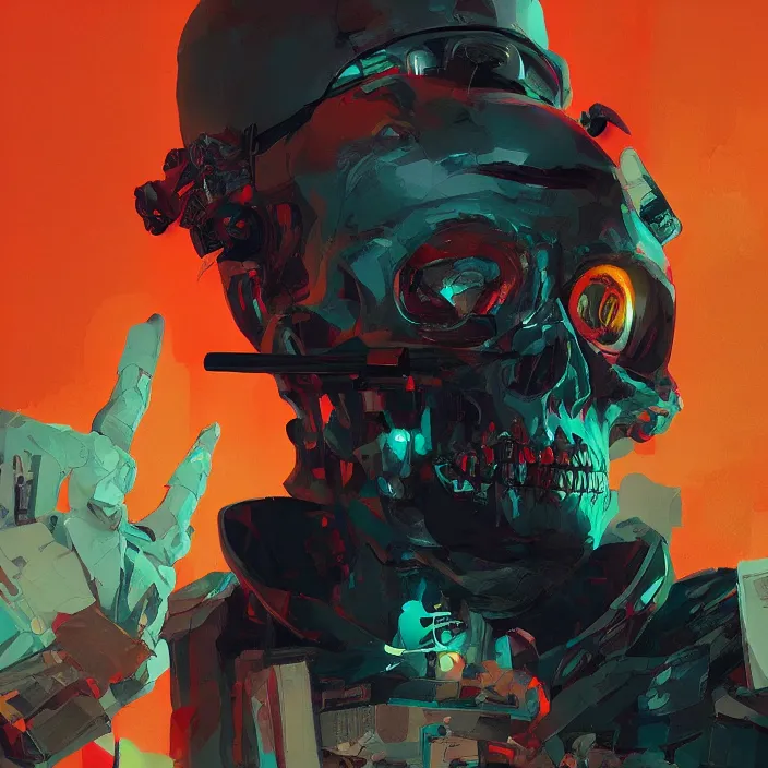 Prompt: a colorful comic noir illustration painting of a cyberpunk skull by sachin teng and sergey kolesov and ruan jia and pascal blanche. in style of digital art, symmetry, sci fi, hyper detailed. octane render. trending on artstation