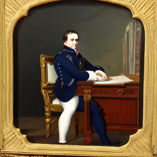 Prompt: 1 8 0 0 s oil painting of napoleon sitting in a contemporary office desk, 8 k, very intricate, very detailed,