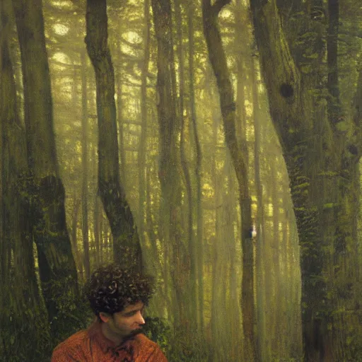 Image similar to detailed and oil painting, hyper realistic | cinematic lighting, award - winning | an unconscious businessman floating in the misty forest | by austin osman spare, by gustav klimt, by william waterhouse and tom bagshaw | trending on artstation, cgsociety, official art, octane.