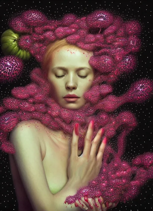 Image similar to hyper detailed 3d render like a Oil painting - Aurora (Singer) Eats of the Strangling Fruit and Her Hands full of gossamer polyp blossoms bring iridescent fungal flowers whose spores black the foolish stars by Jacek Yerka, Mariusz Lewandowski, Houdini algorithmic generative render, Abstract brush strokes, Masterpiece, Edward Hopper and James Gilleard, Zdzislaw Beksinski, Mark Ryden, Wolfgang Lettl, hints of Yayoi Kasuma, octane render, 8k