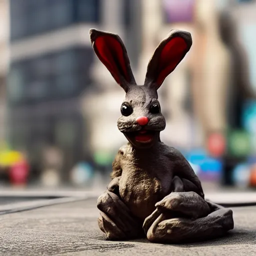 Image similar to a realistic plasticine sculpture of a very scary bunny with sharp teeth made by michelangelo, standing in times square, 3 d render, hyper detailed, sharp focus, 8 k resolution