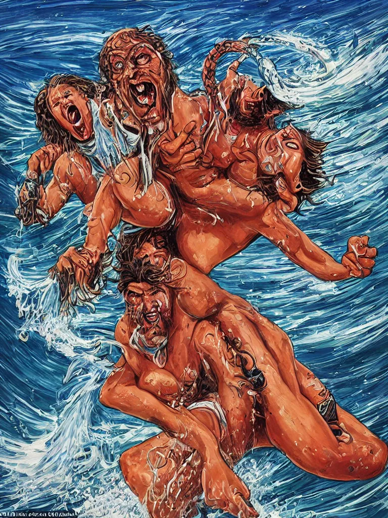 Image similar to A rampaging giant snake oil salesman, stomping on cars and holding a screaming woman in his hand lurid surf art style, high detail,