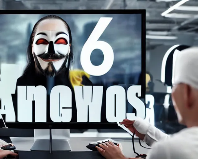 Prompt: man wearing guy fawkes mask examines numbers on large monitor intensely, corporate photo, cinematic lighting