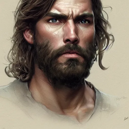 Image similar to portrait of a rugged ranger, muscular, upper body, hairy torso, d & d, fantasy, intricate, elegant, highly detailed, digital painting, artstation, concept art, smooth, sharp focus, illustration, art by artgerm and greg rutkowski and alphonse mucha