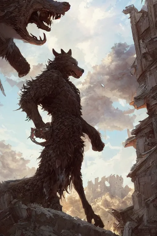 Image similar to a beautiful artwork illustration, fenrir standing over a medieval village, destruction, by Greg Rutkowski and Jesper Ejsing and Raymond Swanland, featured on artstation, wide angle, vertical orientation