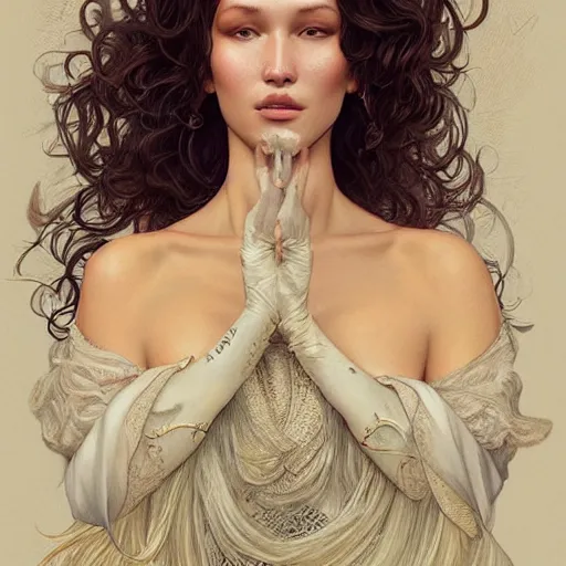 Prompt: ultra realistic illustration, bella hadid with a curly english mustache, intricate, elegant, highly detailed, digital painting, artstation, concept art, smooth, sharp focus, illustration, art by artgerm and greg rutkowski and alphonse mucha