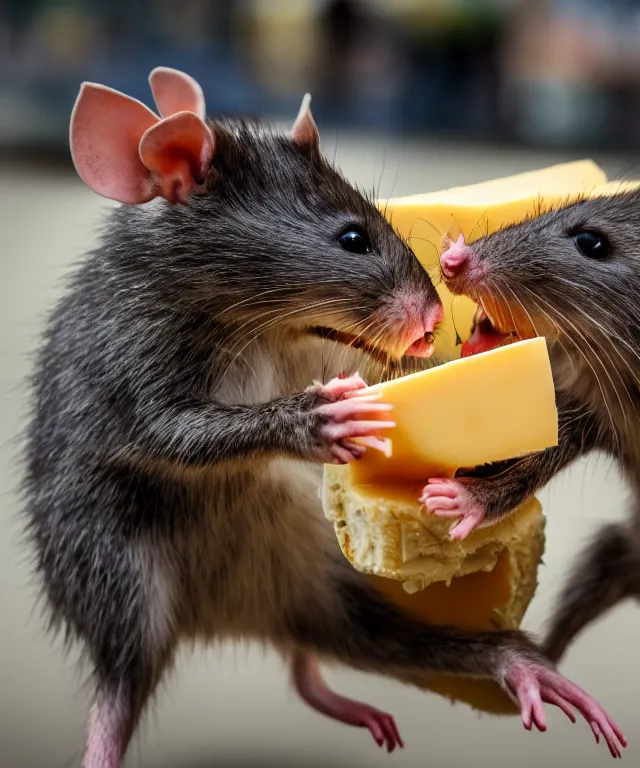 Image similar to high quality presentation photo of vicious anthropomorphic rats with sharp teeth eating cheese, photography 4k f1.8 anamorphic bokeh 4k Canon Nikon