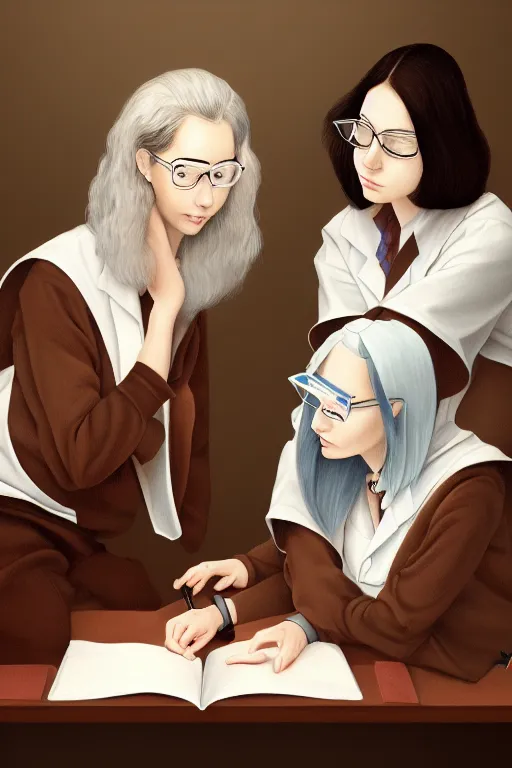 Prompt: portrait of two wise and very beautiful women scientists reviewing some texts, intricate, elegant, highly detailed, smooth, sharp focus, artstation