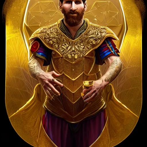 Image similar to Lionel Messi wearing a beautiful golden armor, D&D, fantasy, intricate, elegant, highly detailed, digital painting, artstation, concept art, matte, sharp focus, illustration, art by Artgerm and Greg Rutkowski and Alphonse Mucha