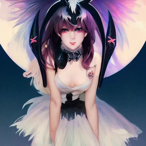 Image similar to a beautiful anime girl with black horns, blond hair and bat wings,full body painting, mini skirt, cute top,by Greg Rutkowski and Ilya Kuvshinov and Alphonse Maria Mucha,super clear detailed,hyper realistic,trending on artstation,4k,chromatic aberration