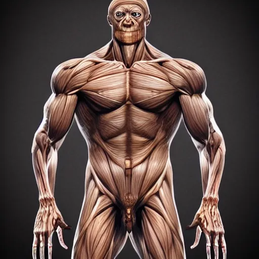 Image similar to monster with gleaming eyes, anatomically accurate model of the full human muscular system, full body, intricate parts, fine details, hyper - realistic