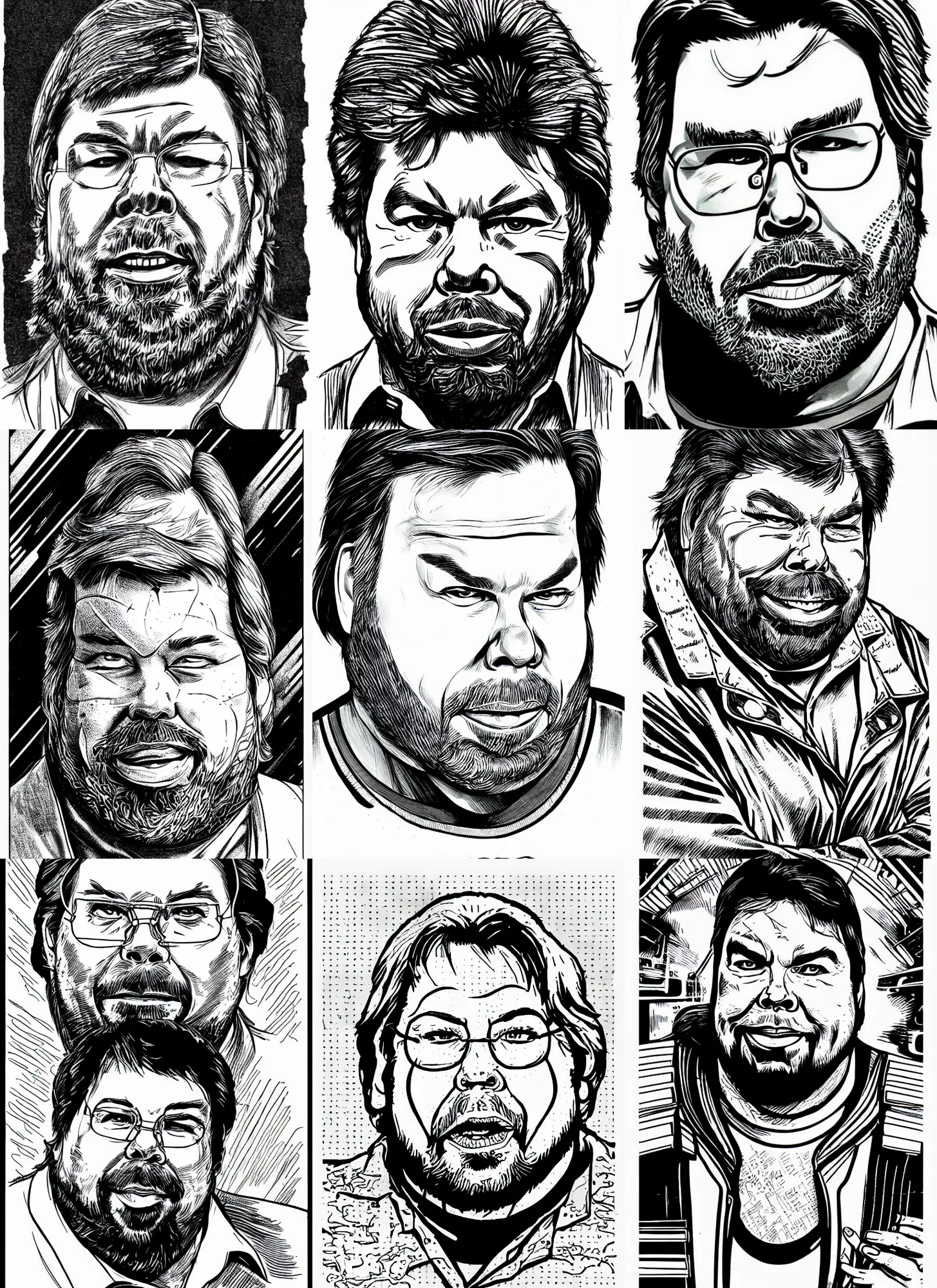 Prompt: steve wozniak, portrait, cyberpunk 2 0 2 0 manual, by steampoweredmikej, inktober, ink drawing, black and white, coloring pages, manga, highly detailed