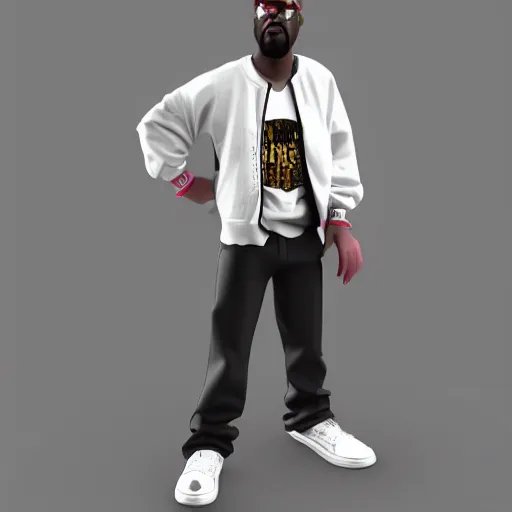 Prompt: hip hop, y2k, late 90s, early 2000s, boom bap, gangster 3d character model render, detailed, white background, 4k