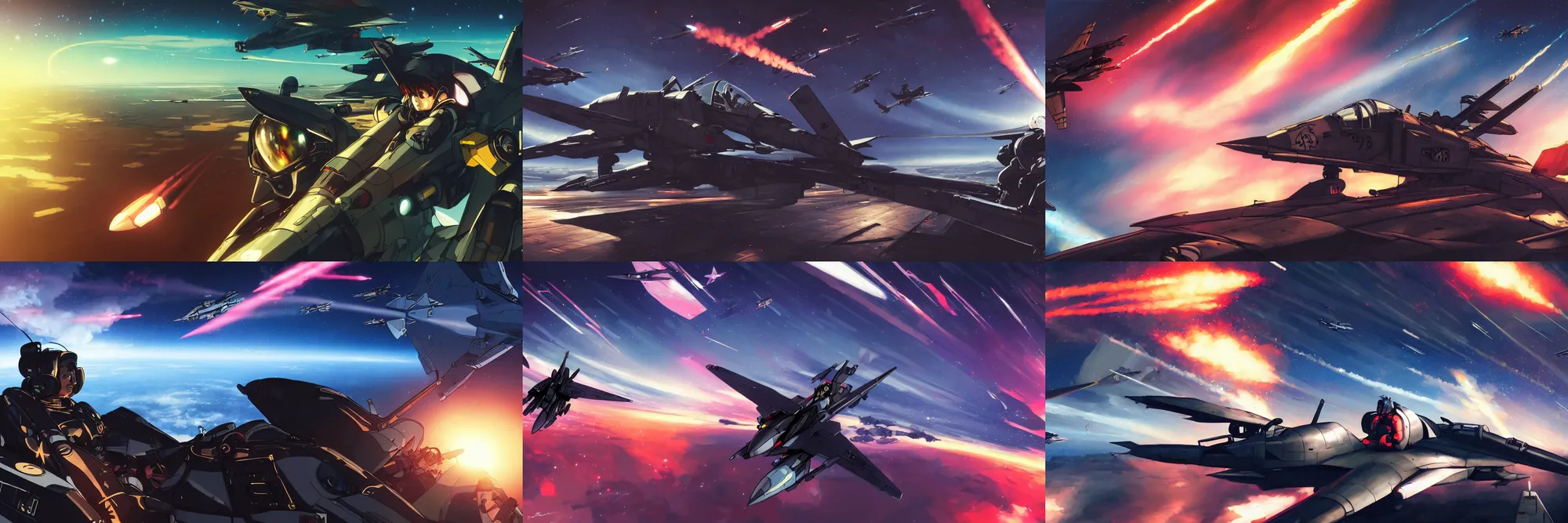 Prompt: Fighter pilot in the cockpit, during the air battle at night. In anime style, dark color. explosions, ultra wide angle, panoramic, fish eye, colorfull painting, centered, front, horizont, outline, stars, gundam, mech, detailed, art by Stephan Martiniere, 4k resolution