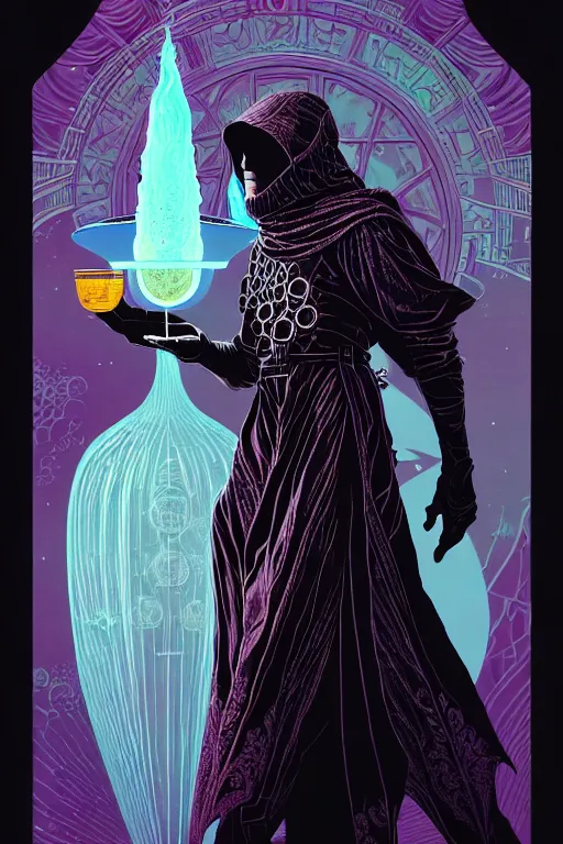 Prompt: side view of a majestic alchemist wizard in a cloak holding a magic potion, high details, bold line art, by vincent di fate and joe fenton, inking, etching, screen print, masterpiece, trending on artstation, sharp, high contrast, hyper - detailed,, hd, 4 k, 8 k