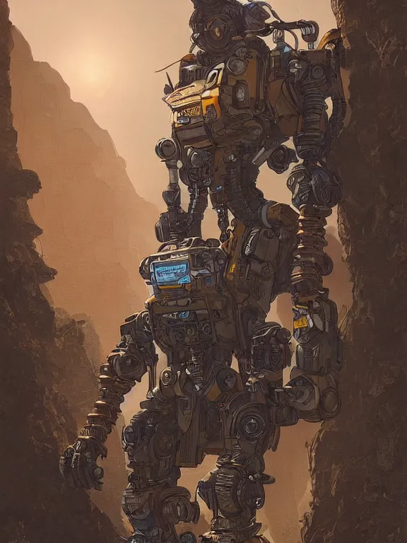 Image similar to solarpunk digital illustration pathfinder robot from apex legends, portrait by james gurney and laurie greasley, concept art, cinematic composition, hyper realism, photorealistic, dramatic lighting, highly detailed, vintage sci - fi