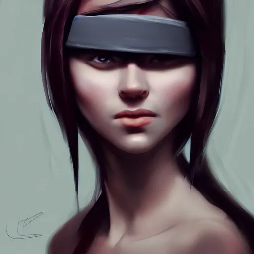 Prompt: concept art of a female character, blindfolded, face only, shoulders can be seen, short hair, gray background, trend on artstation, HD, digital painting