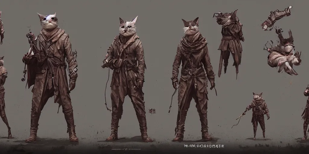 Prompt: wanderer cat man, character sheet, concept design, contrast, hot toys, kim jung gi, greg rutkowski, zabrocki, karlkka, jayison devadas, trending on artstation, 8 k, ultra wide angle, pincushion lens effect