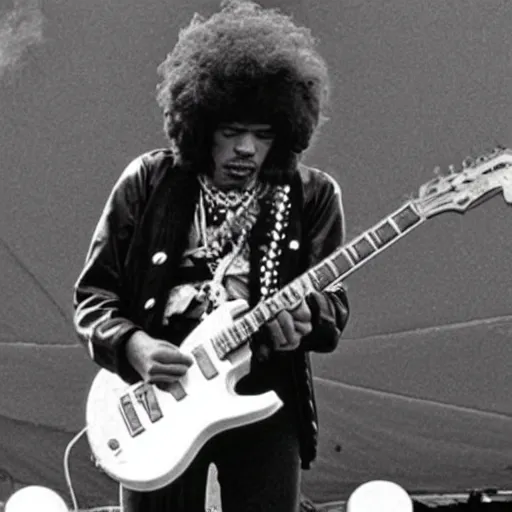 Image similar to Godzilla as Jimi Hendrix performing on stage at Woodstock, photo
